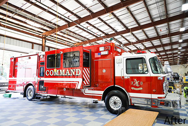 Arlington County Fire Technology Refresh Mobile Command vehicle parked inside the Frontline Communications building.