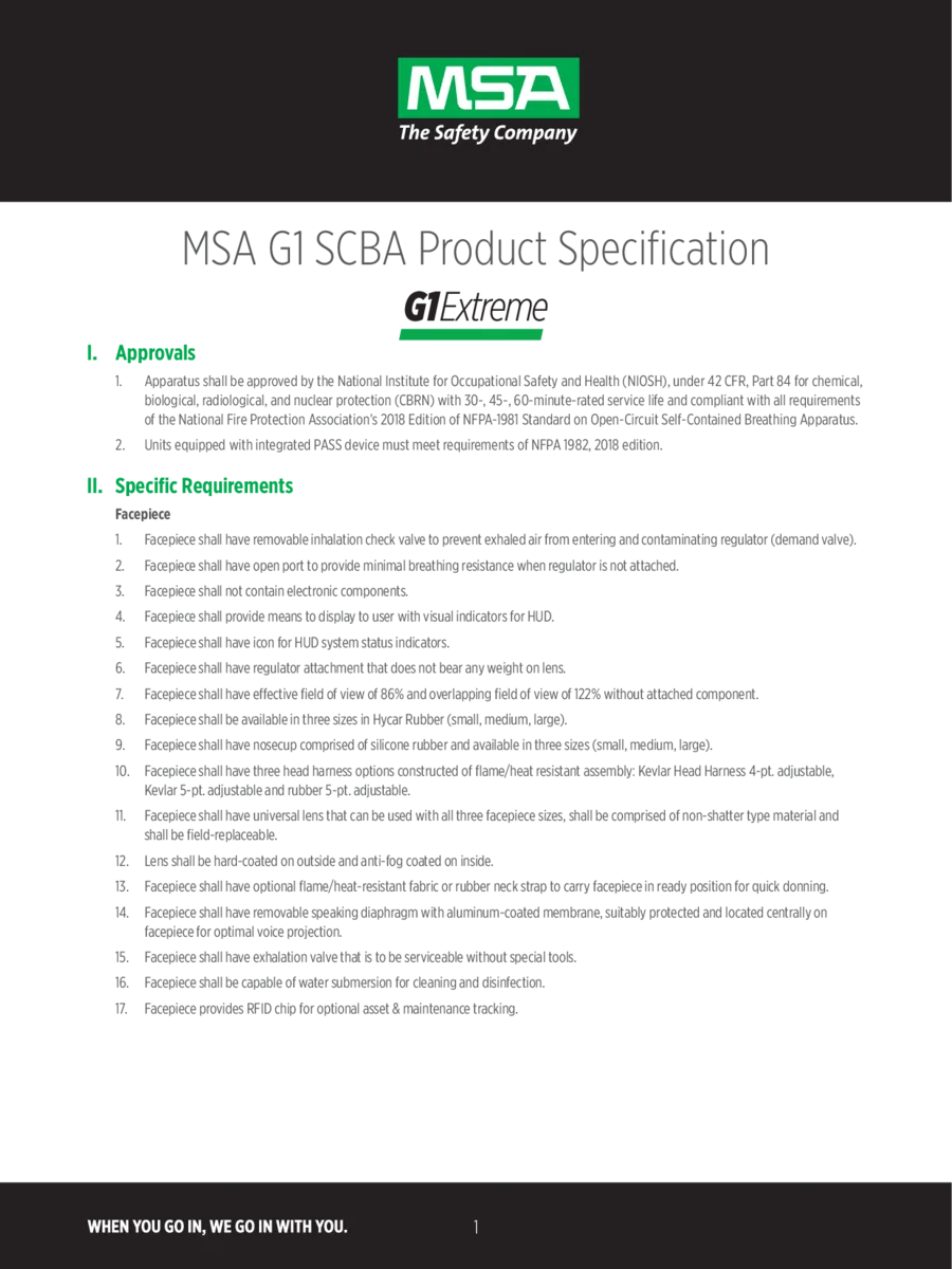 G1 Extreme SCBA product specifications cover