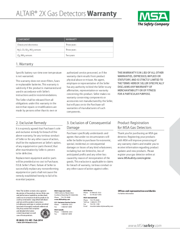 ALTAIR 2X warranty cover