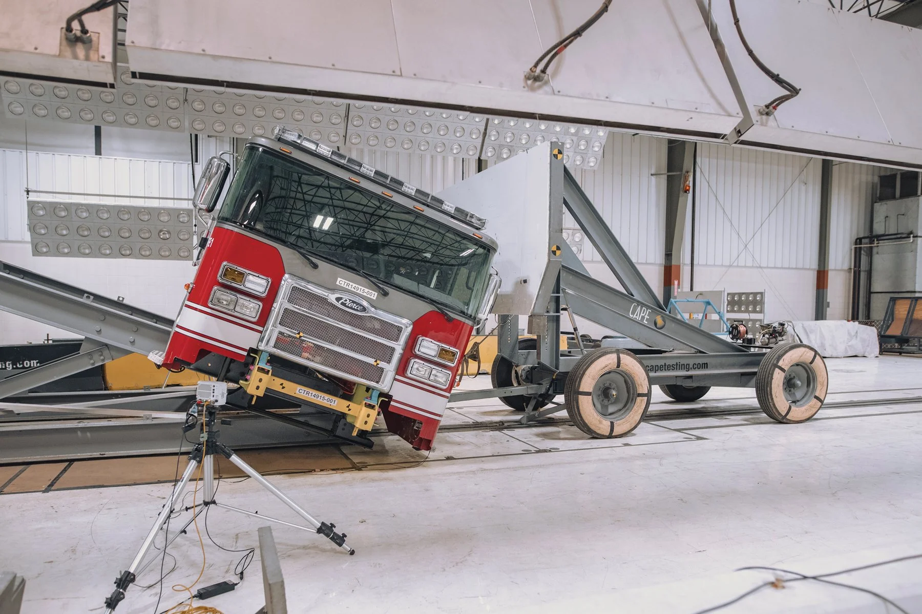 Pierce crash-testing image showing side-roll cab validation