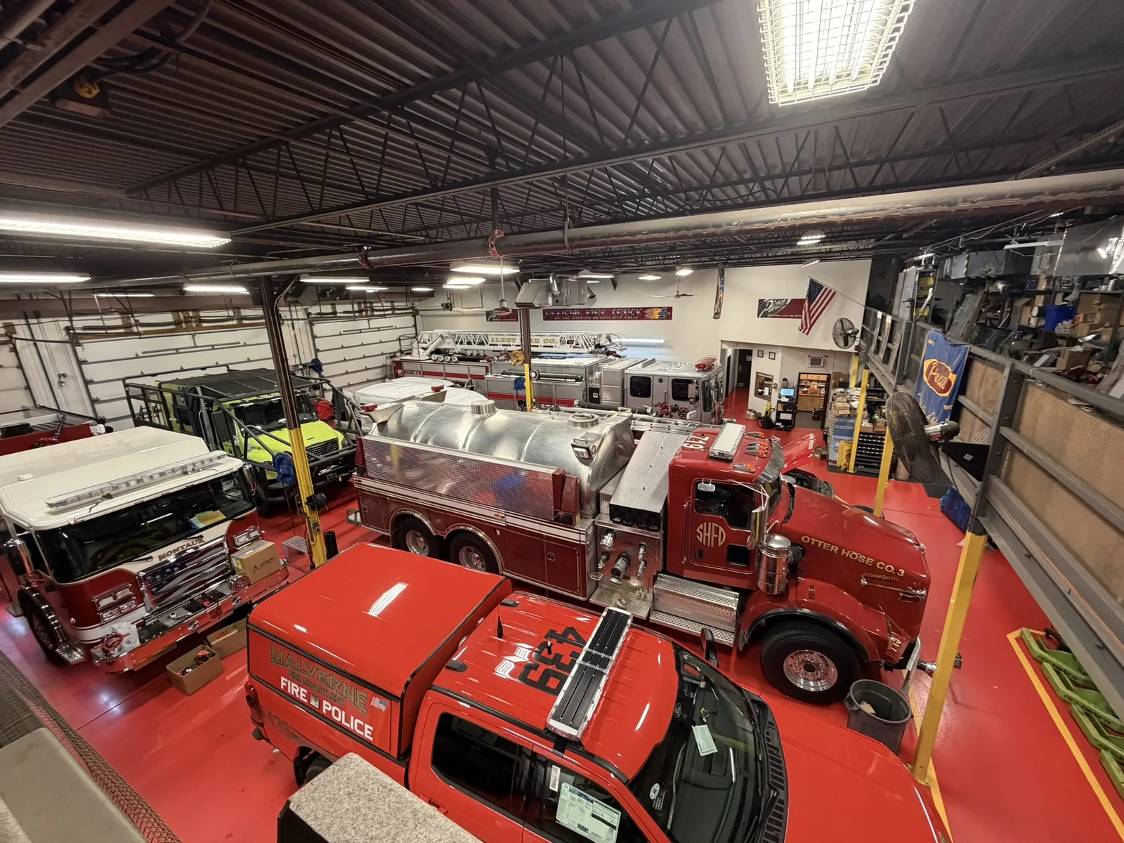 Fire apparatus stored indoors at Firematic