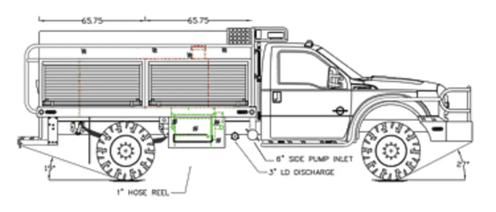 Exterior view of small fire truck showing cab, body compartments, and wheel/tire area.