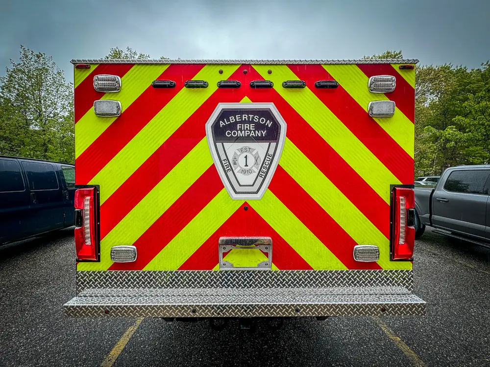 Straight rear close-up of chevron doors and center emblem.