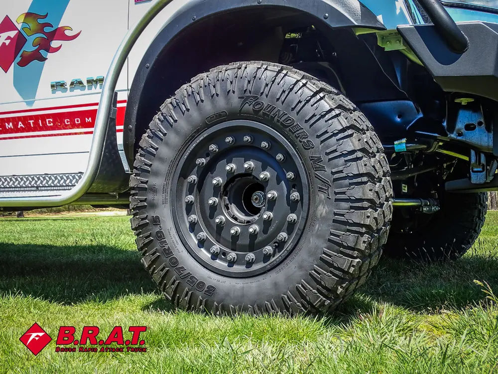 Close-up of front wheel and all-terrain tire tread.