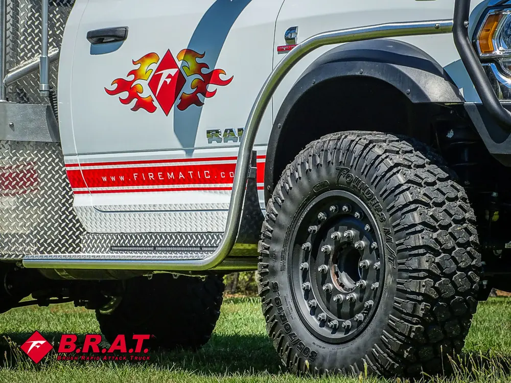 Lower side body and rear tire close-up on grass.