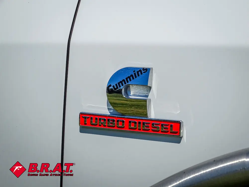 Front fender badge close-up on white body panel.