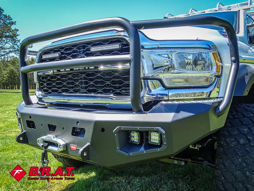 Front grille and brush guard close-up from corner.