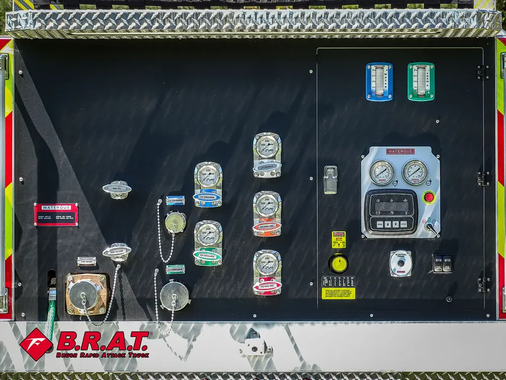 Rear pump control panel with gauges, switches, and ports.