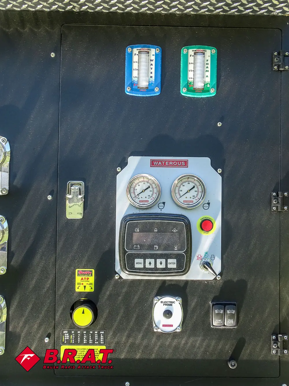 Pump panel center controls with dial, meter, and labels.