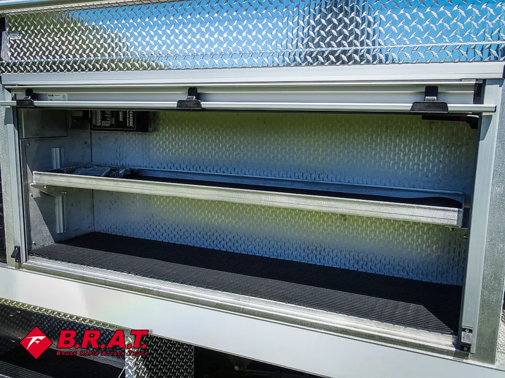 Long side shelf compartment close-up with empty trays.