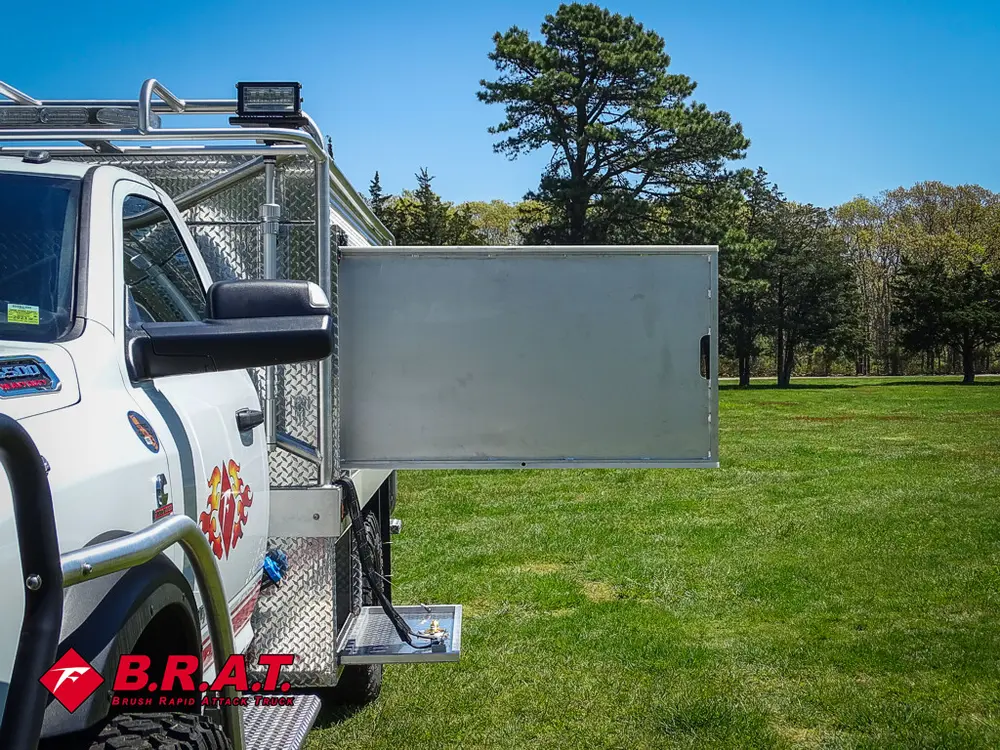 Open side panel from rear angle showing support strut.