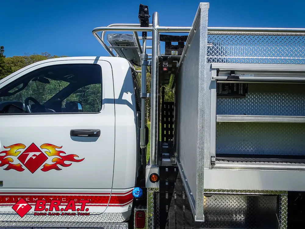 Rear side compartment with vertical post and shelf frame.