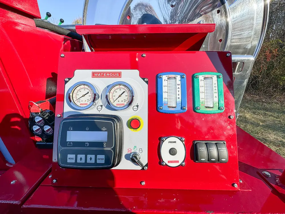 Top control panel close-up with gauges, level indicators, and switches.