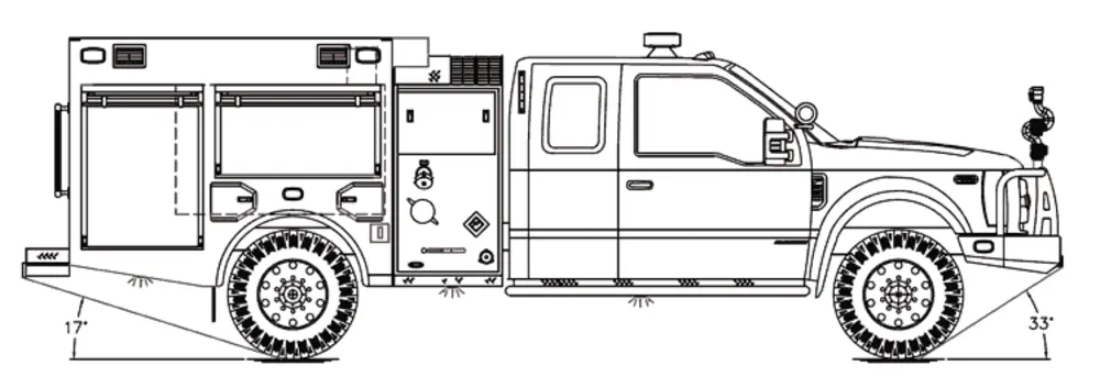 Exterior view of small fire truck showing cab, body compartments, and wheel/tire area.