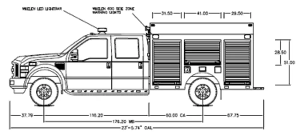 Exterior view of small fire truck showing cab, body compartments, and wheel/tire area.