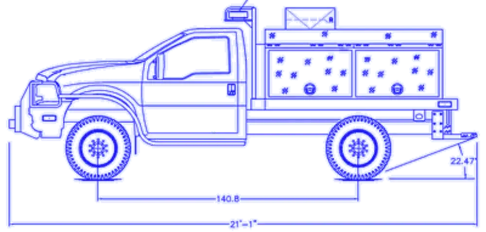 Exterior view of small fire truck showing cab, body compartments, and wheel/tire area.
