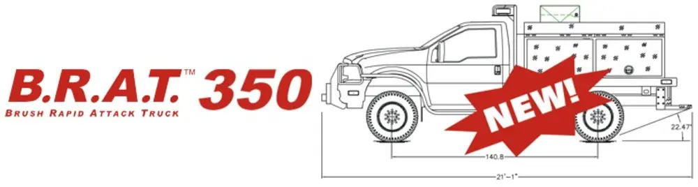 Exterior view of small fire truck showing cab, body compartments, and wheel/tire area.