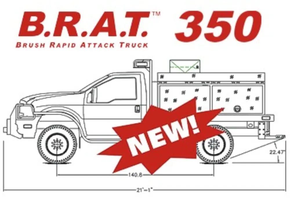 Exterior view of small fire truck showing cab, body compartments, and wheel/tire area.