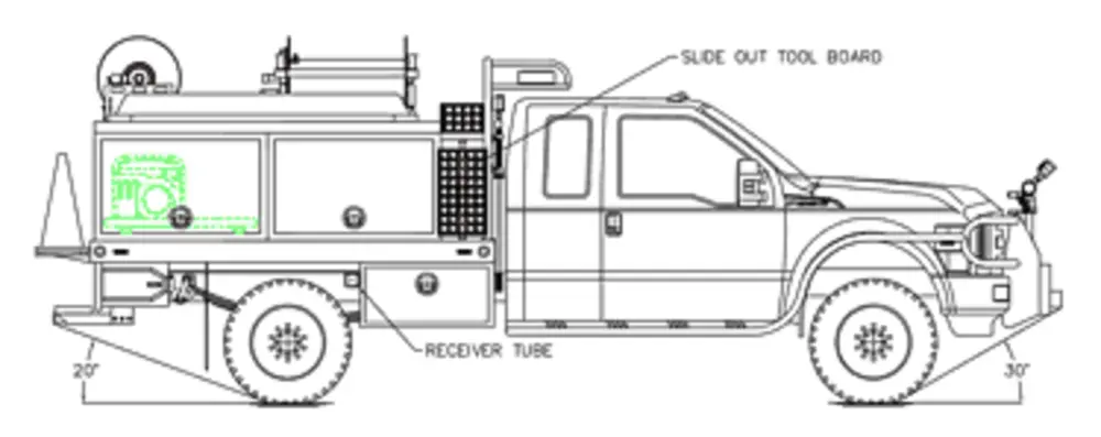 Exterior view of small fire truck showing cab, body compartments, and wheel/tire area.