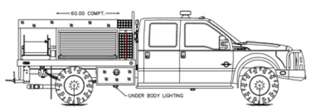 Exterior view of small fire truck showing cab, body compartments, and wheel/tire area.