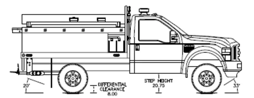 Exterior view of small fire truck showing cab, body compartments, and wheel/tire area.