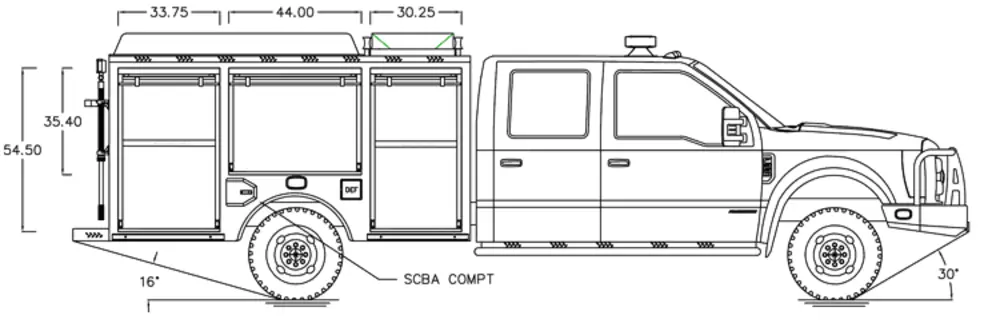 Exterior view of small fire truck showing cab, body compartments, and wheel/tire area.