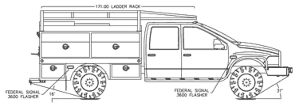 Exterior view of small fire truck showing cab, body compartments, and wheel/tire area.