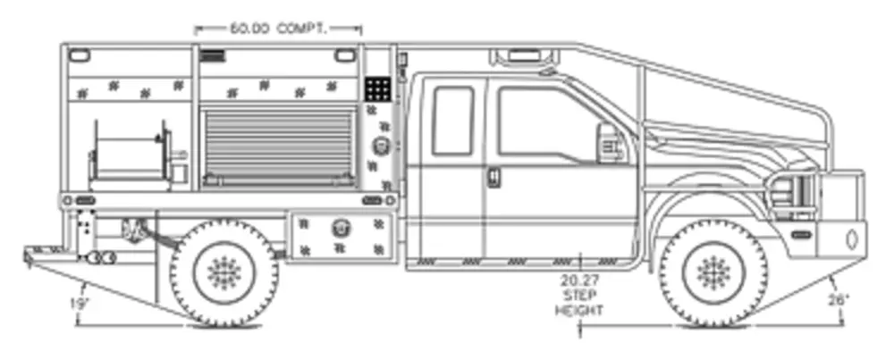 Exterior view of small fire truck showing cab, body compartments, and wheel/tire area.