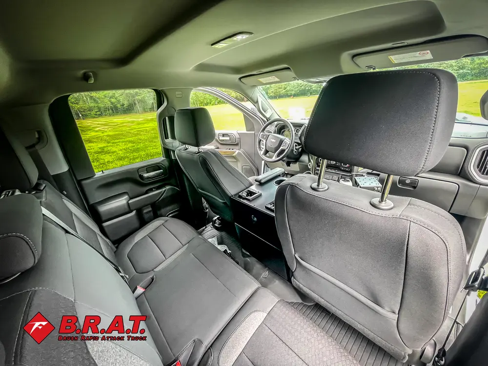 Rear cabin seating area viewed from passenger side.