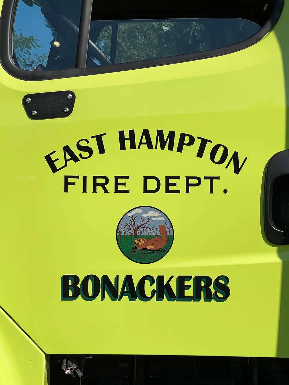 East Hampton Fire Dept Bonackers text on lime body panel.