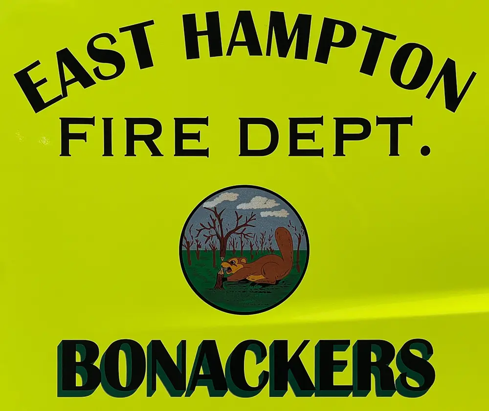 East Hampton Fire Dept Bonackers lettering with round emblem.