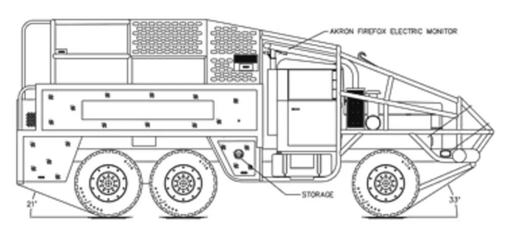 Exterior view of small fire truck showing cab, body compartments, and wheel/tire area.