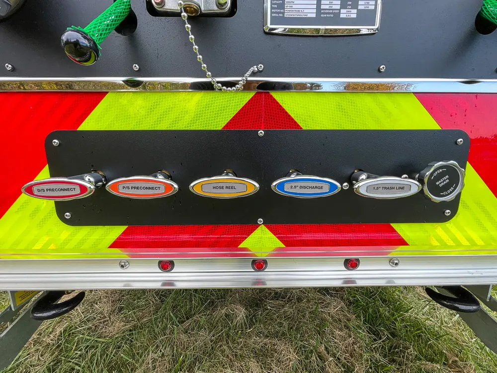 Rear lower panel with color-coded discharge port connectors.