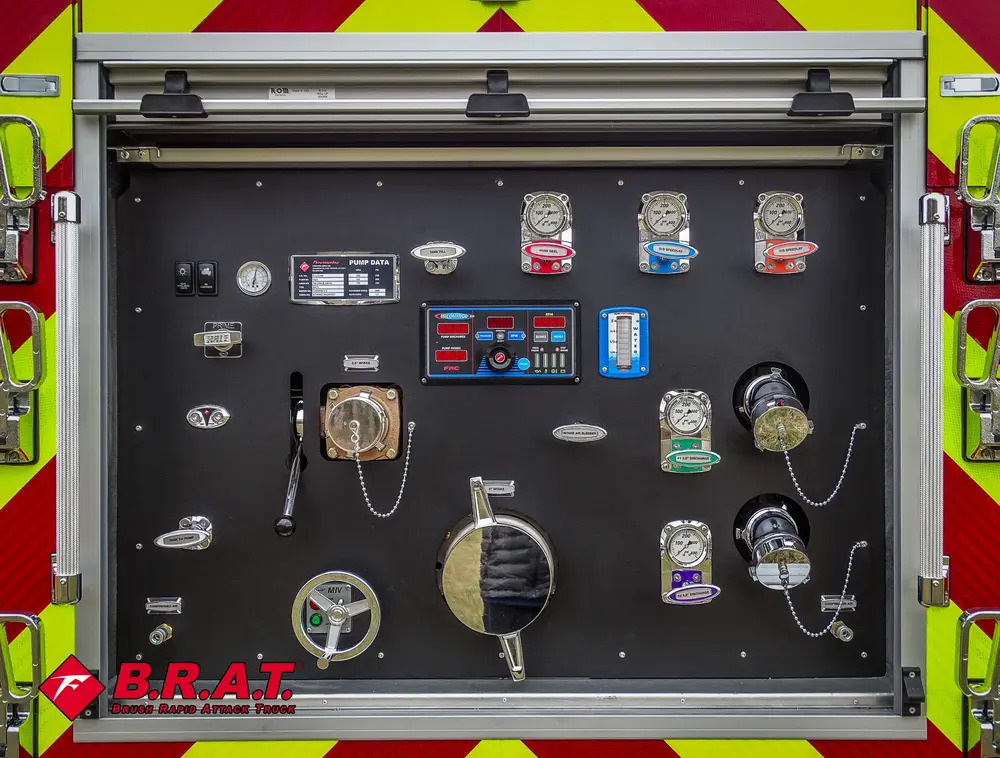 Rear pump control panel close-up with gauges and labeled valves.