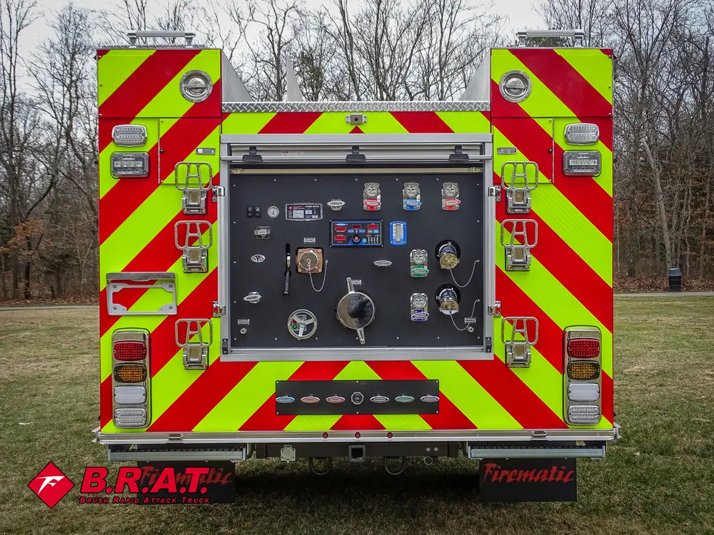 Straight rear view with pump panel and chevrons.