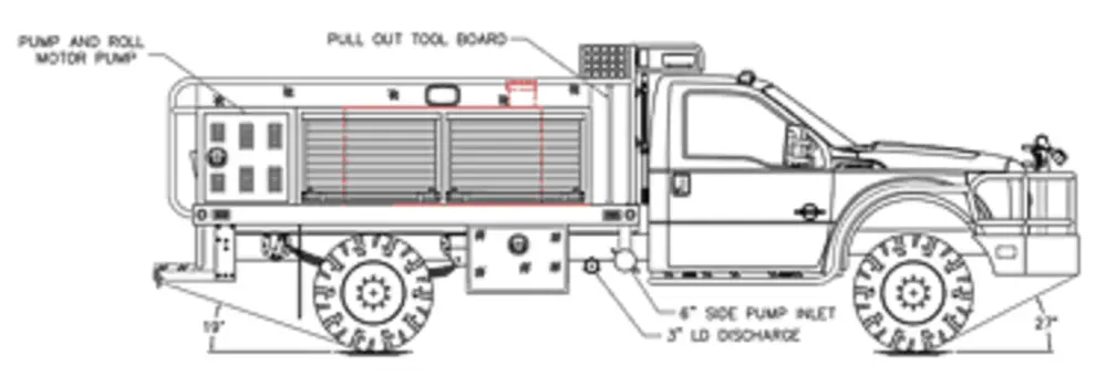 Exterior view of small fire truck showing cab, body compartments, and wheel/tire area.