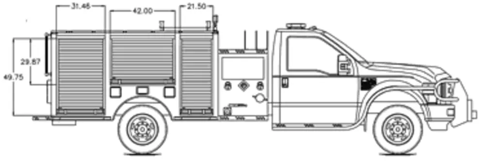 Exterior view of small fire truck showing cab, body compartments, and wheel/tire area.