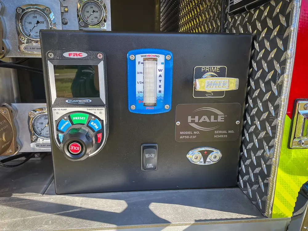 Engine control module close-up on rear pump panel.