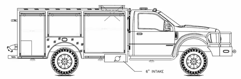 Exterior view of small fire truck showing cab, body compartments, and wheel/tire area.