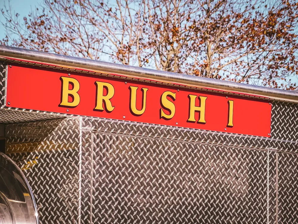 Brush 1 lettering close-up on upper side body panel.
