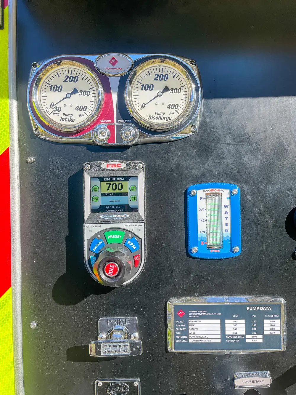 Pump control module close-up with digital display and level indicator.