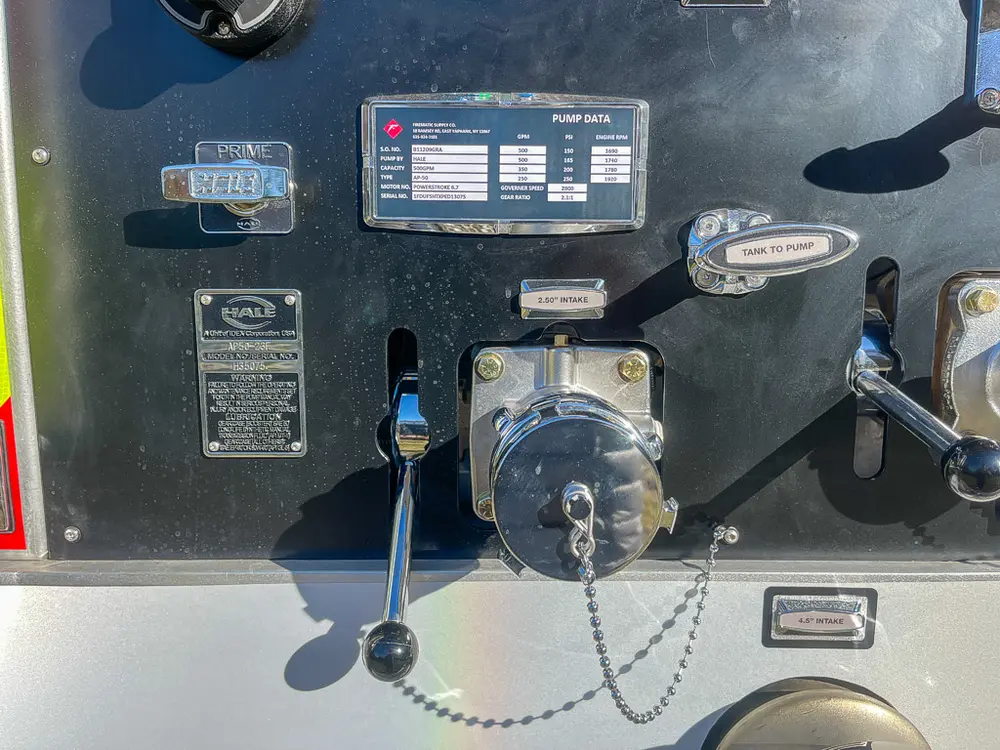 Rear pump panel close-up with intake coupling and control labels.