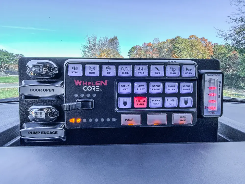 Whelen control keypad close-up mounted on center console.