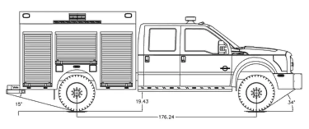 Exterior view of small fire truck showing cab, body compartments, and wheel/tire area.