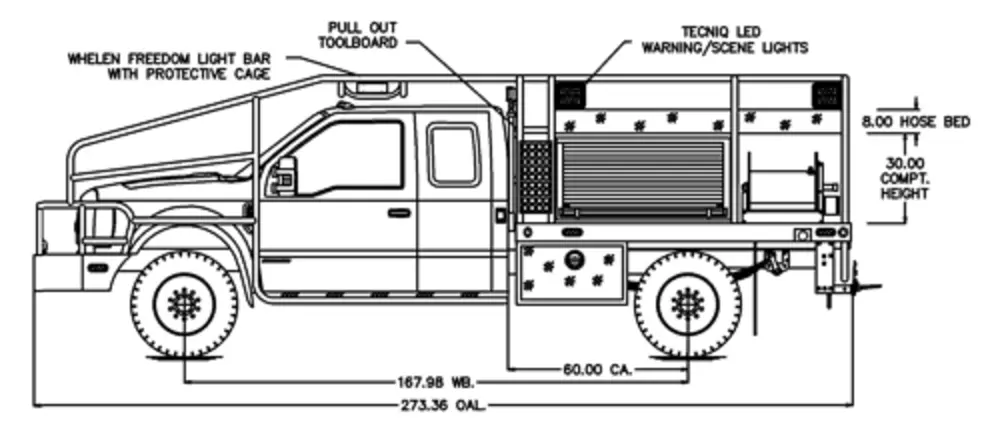 Exterior view of small fire truck showing cab, body compartments, and wheel/tire area.