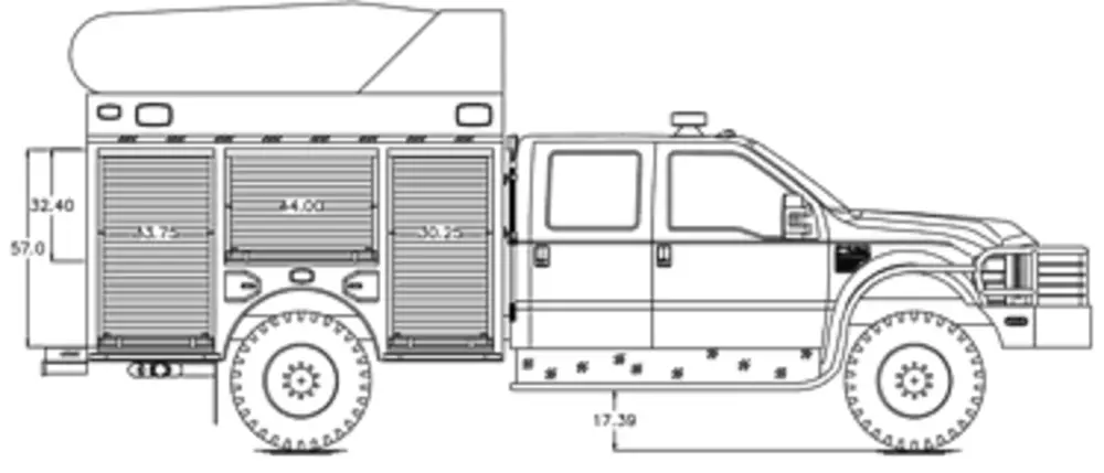 Exterior view of small fire truck showing cab, body compartments, and wheel/tire area.