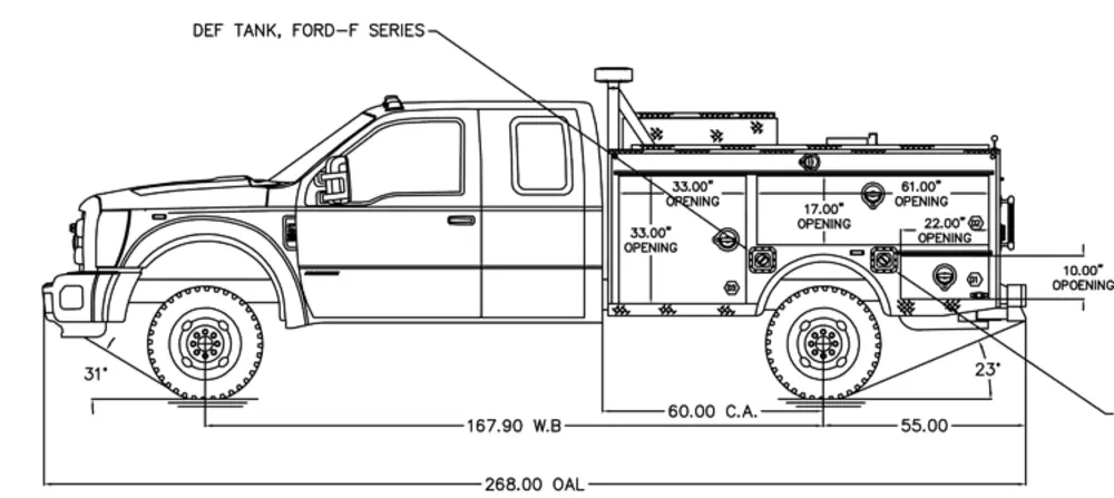 Exterior view of small fire truck showing cab, body compartments, and wheel/tire area.