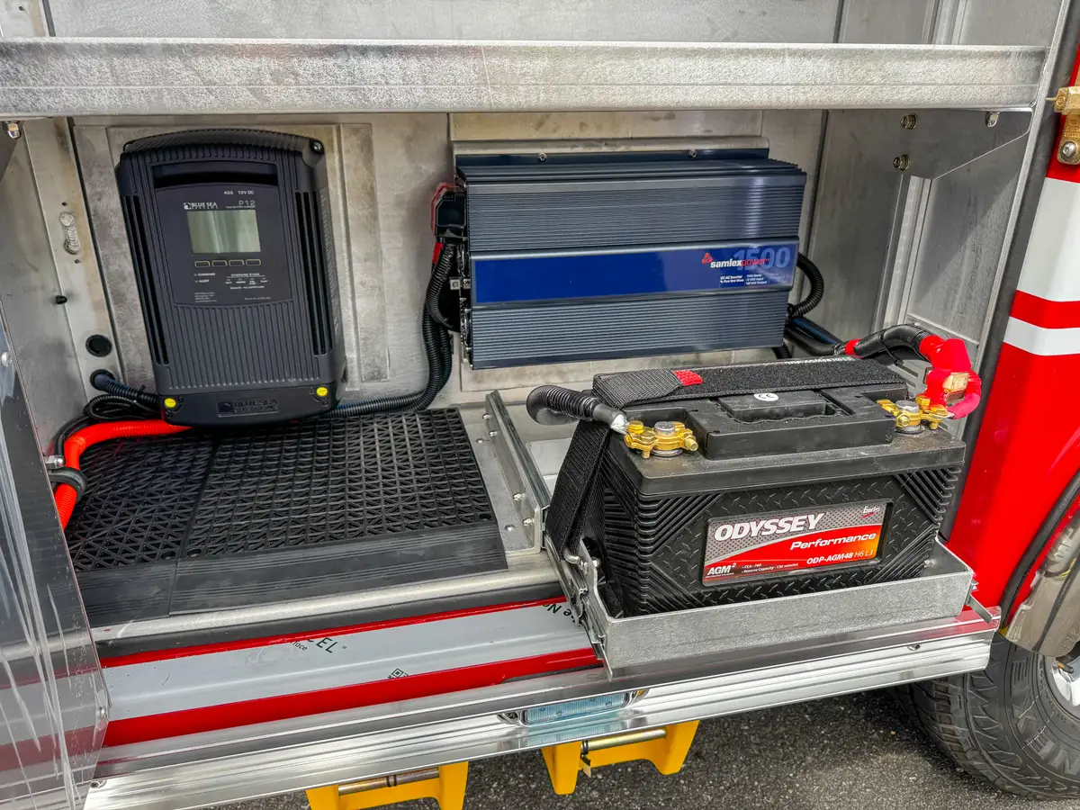 Alternate compartment view with battery and charger setup.