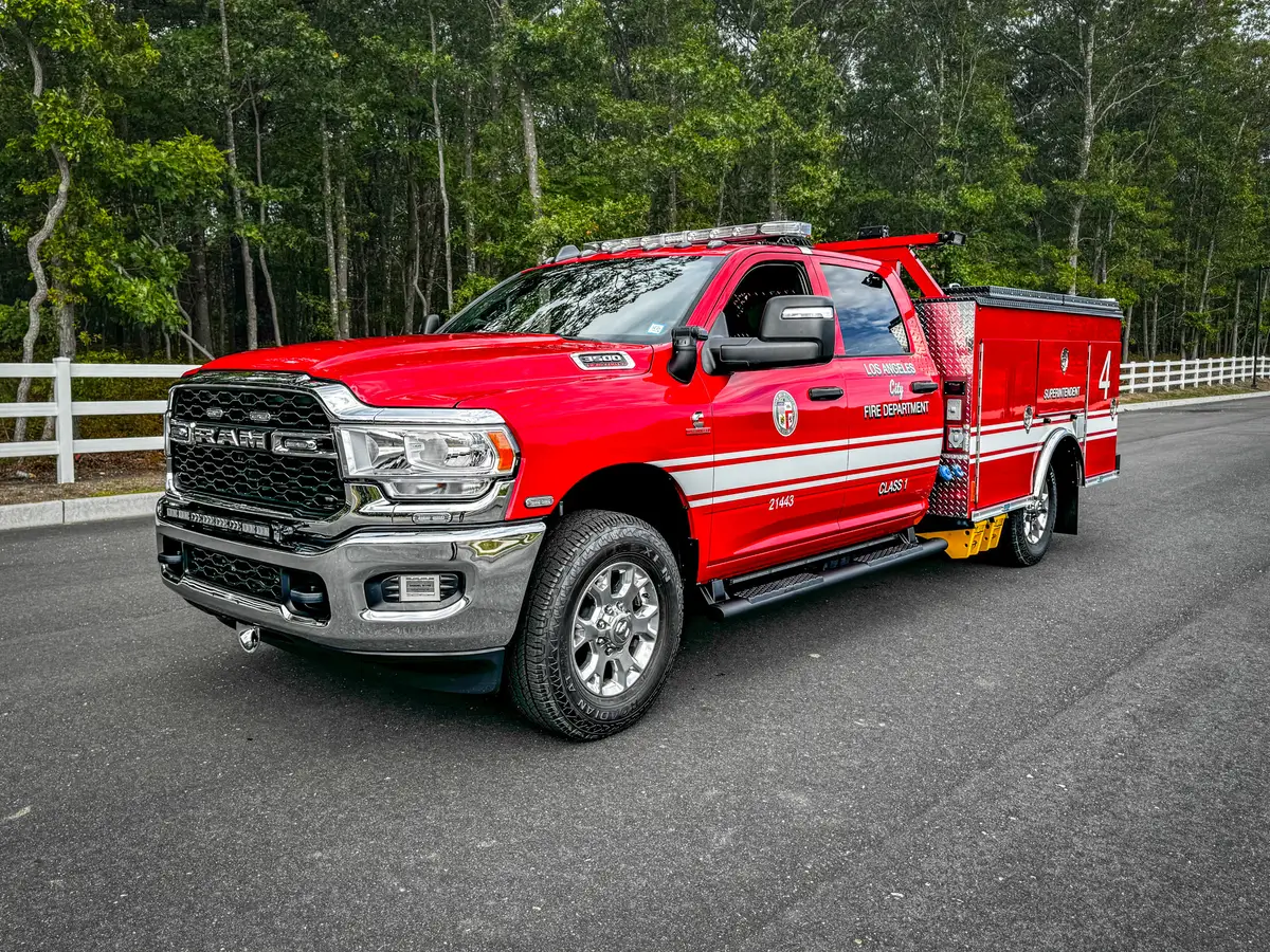 Front passenger-side three-quarter view of LAFD truck.