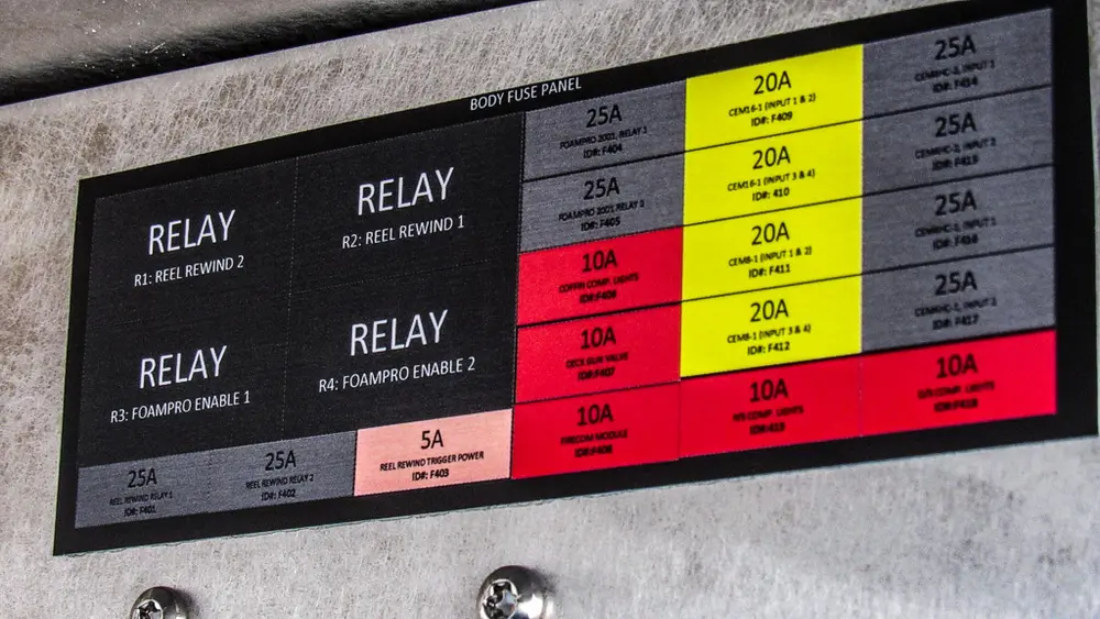 Exterior view of small fire truck showing cab, body compartments, and wheel/tire area.